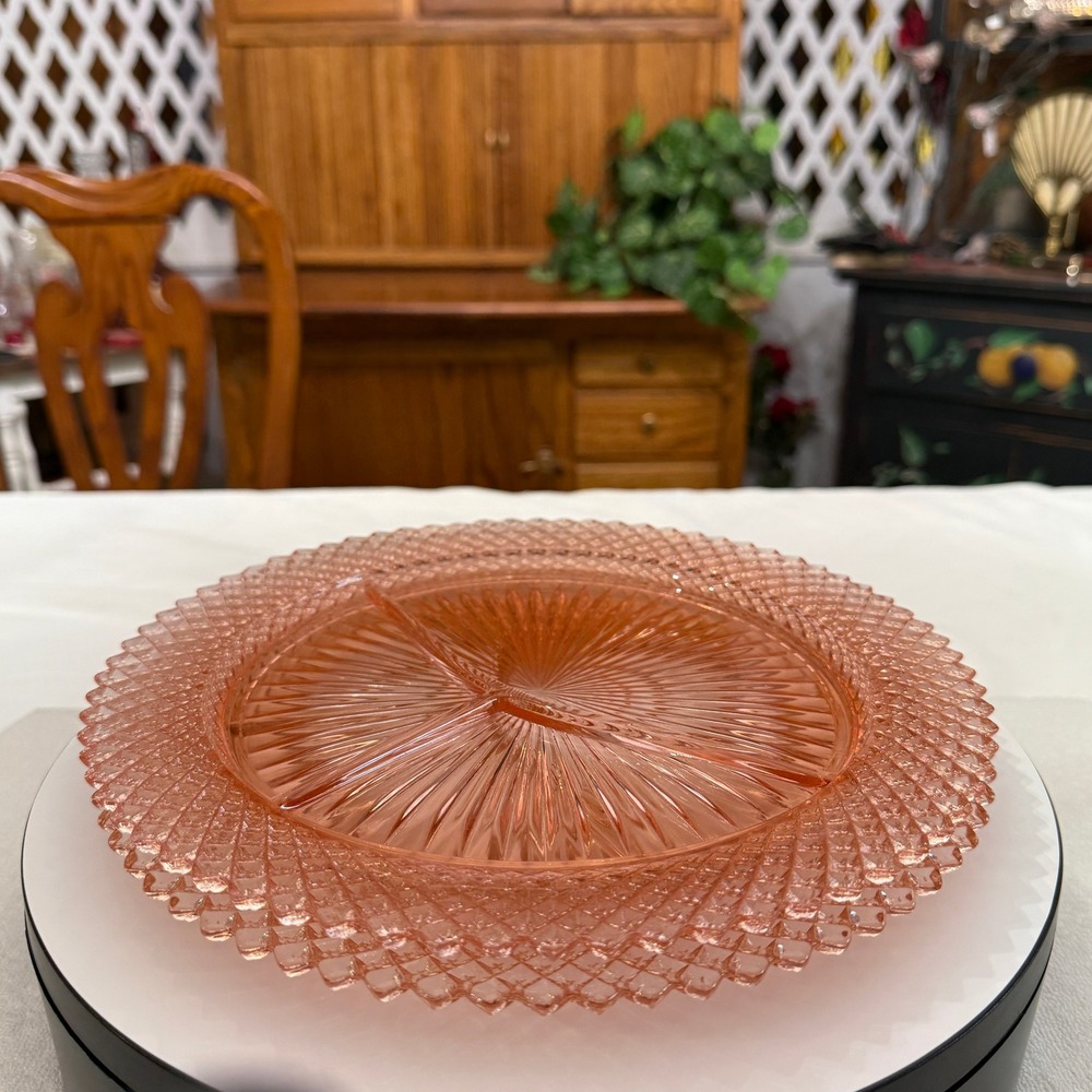Hocking Glass Miss America Grill Plate Set 2 Pink Excellent Divided Sunburst